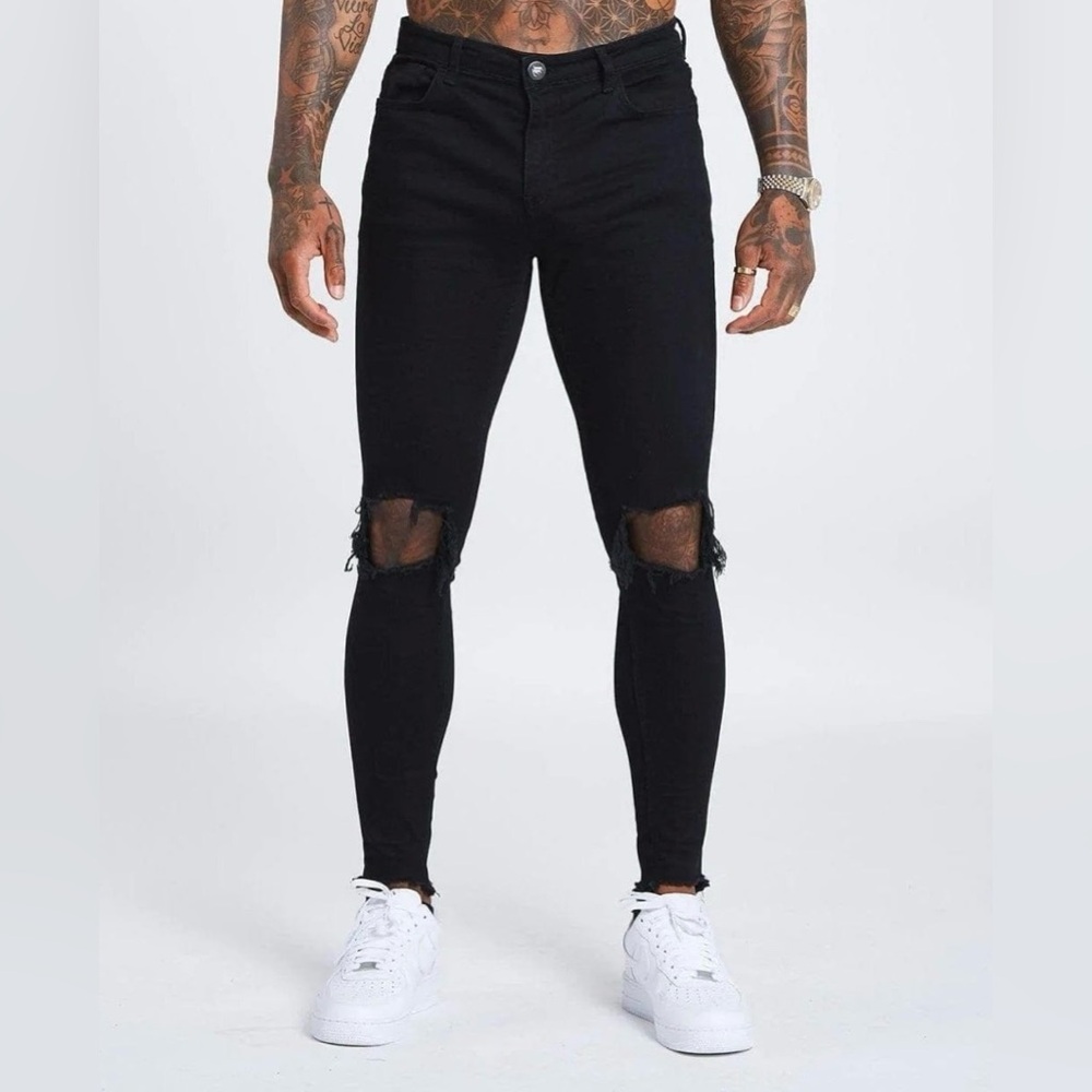 LEGEND Men’s Black Denim Shredded Frayed Knee Jeans